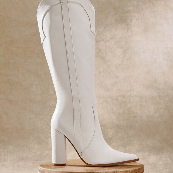 White Casual Women's Block Heel Snip Toe Tall Western Boots - Picture 6 of 7